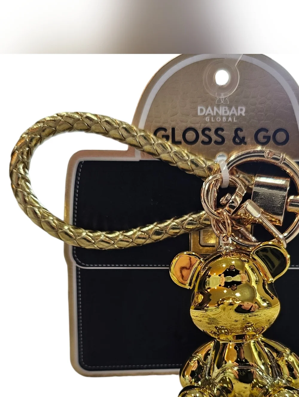 Gold Metallic Teddy Bear Shaped Keychain With Braided Leather Strap. New